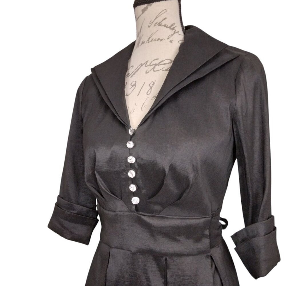 Donna Ricco | Black Party/Cocktail Taffeta Wrap Dress Rhinestone Button | Size 8 - Picture 2 of 9